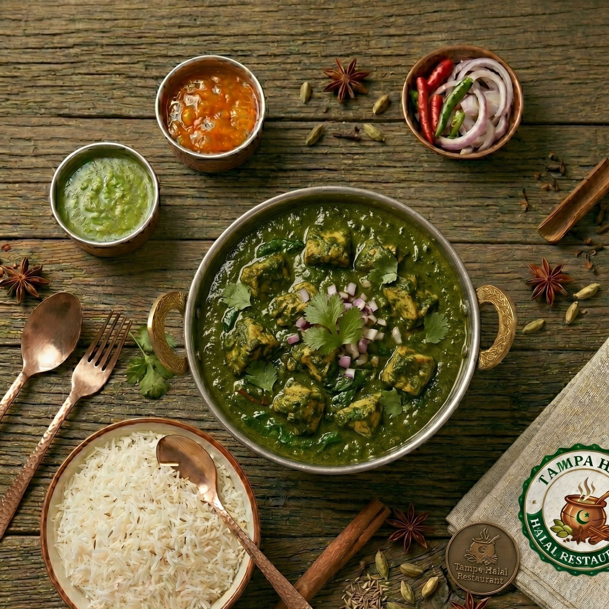 Halal Saag Chicken + Rice (Spinach Curry)